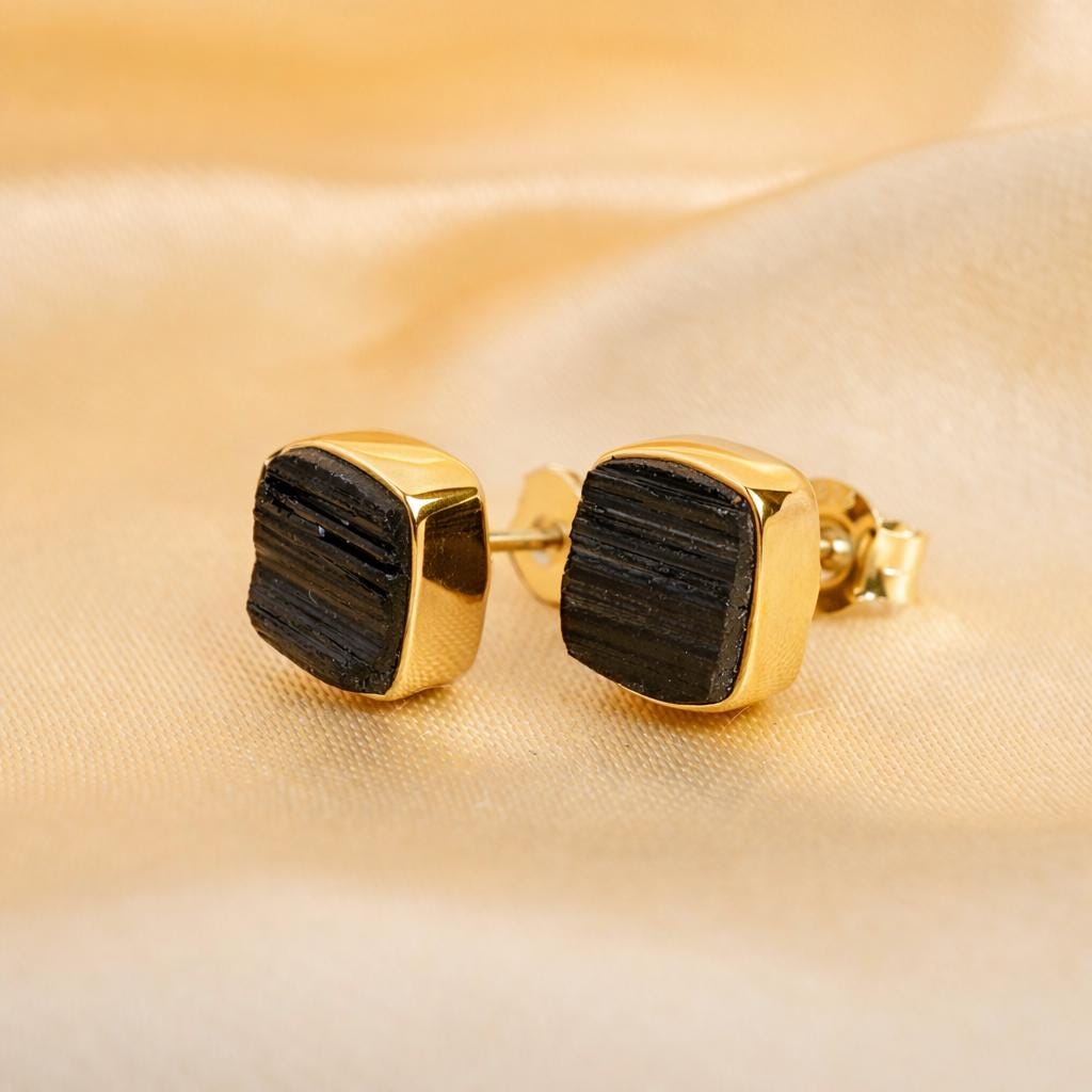 Raw Black Tourmaline Gold stud Earring, 14K Gold Earring, Handmade Jewelry, Protection Gemstone Earrings, October Birthstone, Christmas Gift