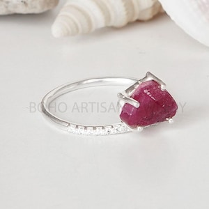 Raw Ruby Ring: Sterling Silver CZ Band, Handmade July Birthstone