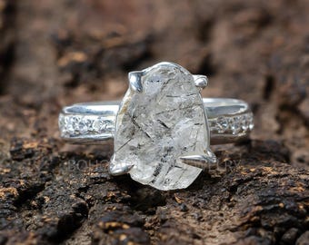 Raw Black Rutile Quartz Ring: Sterling Silver Boho Jewelry