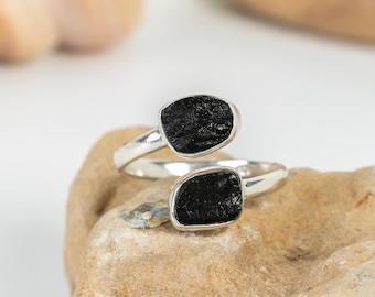 Raw Black Tourmaline Ring: Sterling Silver Bezel, Adjustable Boho Jewelry