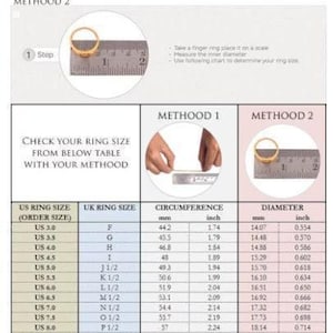 May include: An instructional graphic detailing two methods for measuring ring size. Includes a chart with US and UK ring sizes, circumference in inches and millimeters, and diameter in inches and millimeters. The text includes "Check Your Ring Size".