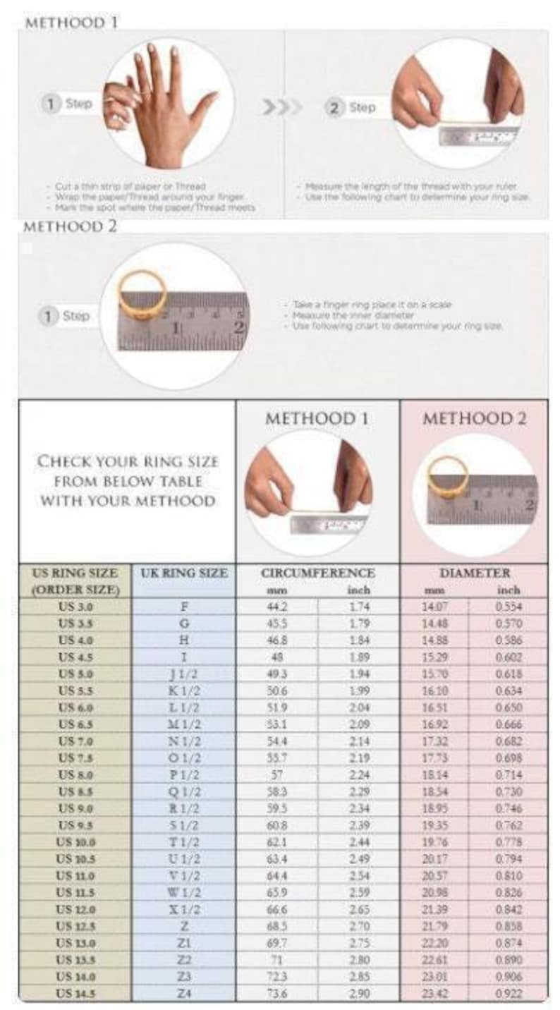 May include: An instructional graphic detailing two methods for measuring ring size. Includes a chart with US and UK ring sizes, circumference in inches and millimeters, and diameter in inches and millimeters. The text includes "Check Your Ring Size".