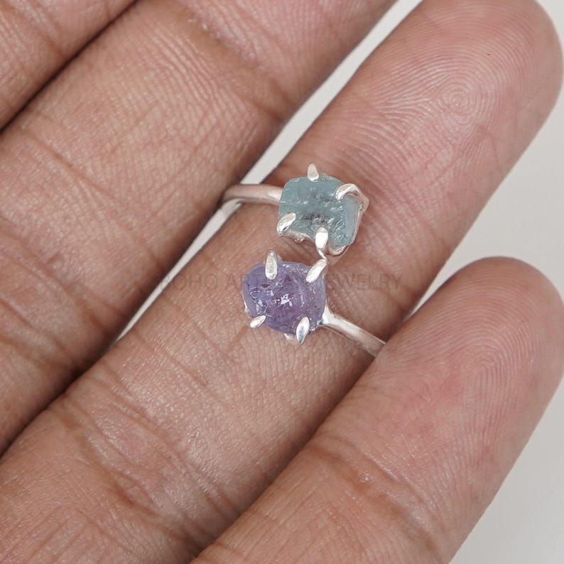 Raw Aquamarine Tanzanite Ring, Two Stone Ring, Adjustable Ring, Natural Aquamarine Ring, March Birthstone, Raw Crystal Ring, Gift for Her bild 5
