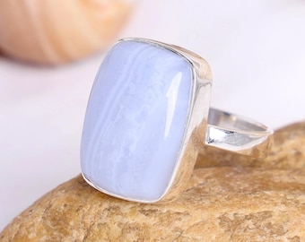 Blue Lace Agate Ring, Natural Lace Agate Ring, 925 Sterling Silver, Handmade Silver Jewelry, Statement Ring, Mother's Day Gift, Gift For Her