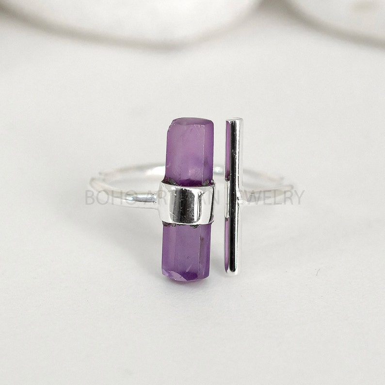 Raw Aquamarine Ring, Adjustable Aqua Silver Stick Ring, March Birthstone Jewelry, Aquamarine Stick, Silver Handmade Ring, Birthday Gift AMETHYST