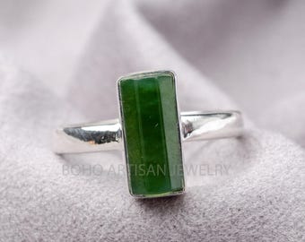 Green Jade Ring: Sterling Silver Long Bar, Boho Statement Jewelry