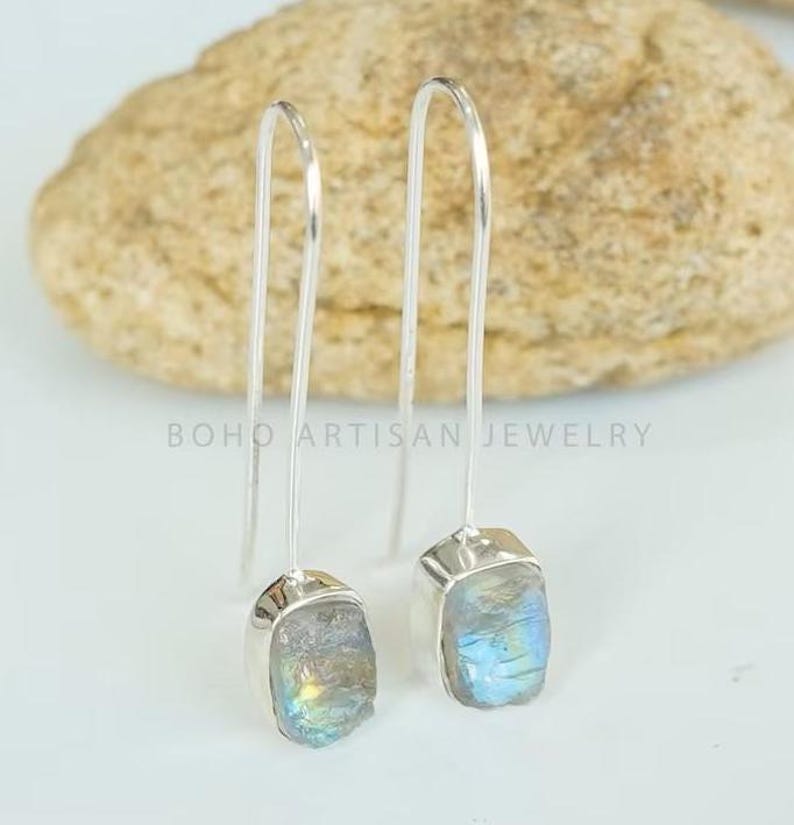 Raw Aquamarine Gold Earring, 14K Gold Earring, Dangle Earring, Blue Gemstone Earring, Raw Stone Jewelry, July Birthstone, Christmas Gift Moonstone