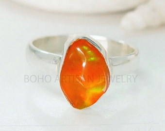 Raw Ethiopian Fire Opal Ring: Sterling Silver Boho Jewelry