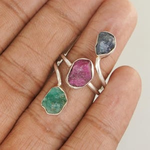 Raw Ruby Emerald Sapphire Ring, Three Stone Ring, Multi Color Stone Jewelry, Adjustable Ring, Birthstone Ring, Gift