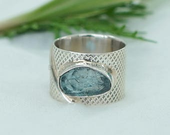 Raw Aquamarine Ring: Sterling Silver Textured Band, March Birthstone