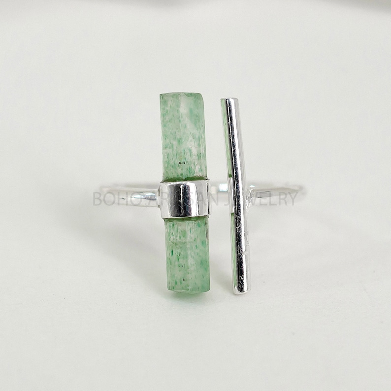 Raw Aquamarine Ring, Adjustable Aqua Silver Stick Ring, March Birthstone Jewelry, Aquamarine Stick, Silver Handmade Ring, Birthday Gift GREEN STRAWBERRY