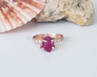 Raw Ruby 14K Rose Gold Ring, Natural Ruby Rough Ring, Silver Handmade Ring, Boho Ring, Raw Crystal Ring, July Birthstone, Rough Stone Ring