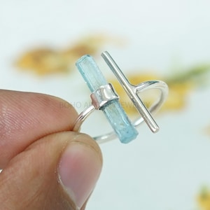 Raw Aquamarine Long Bar Ring, Natural Stick T Ring, Adjustable Ring, Natural Aquamarine Stick Ring, March Birthstone, Raw Crystal Ring Gift