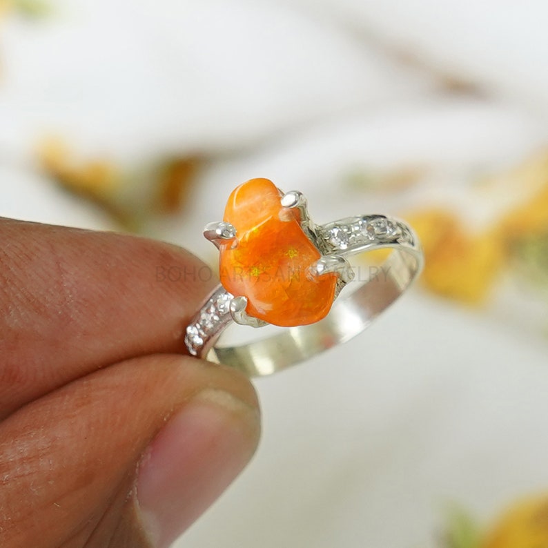 Orange Fire Opal Ring, Mexican Fire Opal Ring, October Birthday Gift ...