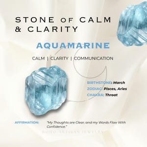 Puede incluir: Imagen con cristales de aguamarina con texto: "Piedra de calma y claridad". El texto tambi&eacute;n incluye "Aguamarina", "Calma | Claridad | Comunicaci&oacute;n" y "Piedra de nacimiento: marzo". La afirmaci&oacute;n dice: "Mis pensamientos son claros y mis palabras fluyen con confianza."