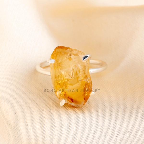 Raw Citrine Ring, 925 Sterling Silver Ring, Handmade Crystal Jewelry, Rough Stone Ring, Healing Gemstone, November Birthstone, Gift for Her