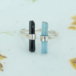 Aquamarine Black Tourmaline Stick Ring, Bar T Ring, Long Sticks Ring, Toi Moi Ring, Raw Aquamarine Ring, October Birthstone