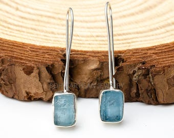 Raw Aquamarine Earring, Silver Handmade Earring, Dangle Earring, Blue Gemstone Earring, Raw Stone Jewelry, July Birthstone, Christmas Gift