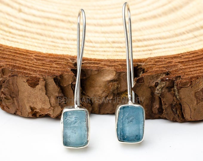 Raw Aquamarine Earring, Silver Handmade Earring, Dangle Earring, Blue Gemstone Earring, Raw Stone Jewelry, July Birthstone, Christmas Gift