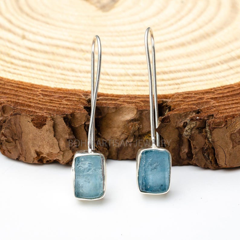 Raw Aquamarine Gold Earring, 14K Gold Earring, Dangle Earring, Blue Gemstone Earring, Raw Stone Jewelry, July Birthstone, Christmas Gift Aguamarina