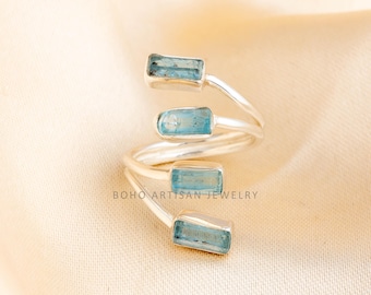 Raw Aquamarine Sterling Silver Ring: Adjustable Boho Crystal