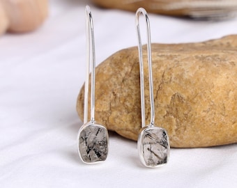 Raw Black Rutile Earrings: Handmade Sterling Silver Dangle Jewelry