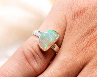Raw Ethiopian Opal Ring: Sterling Silver Band, October Birthstone