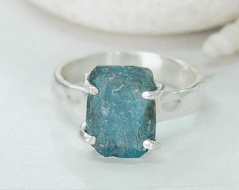 Raw Aquamarine Ring, 925 Sterling Silver, Hammered Textured Band, Promise Ring, Gift for Her