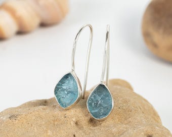 Raw Aquamarine Dangle Earrings: 925 Sterling Silver, July Birthstone