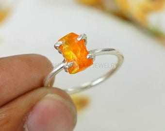 Orange Fire Opal Ring, Mexican Fire Opal Ring, October Birthday Gift, Raw Stone Jewelry, Ring For Women, Engagement Ring - Gift For Her