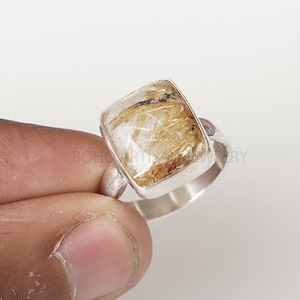 Golden Rutile Quartz Ring, Natural Square Cut Rutile Ring, Rutilated Quartz Cabochon Ring, Handmade Ring, Boho Ring, Birthstone Ring, Gift.