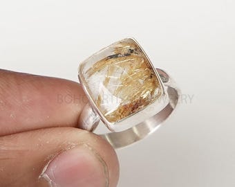 Golden Rutile Quartz Ring, Natural Square Cut Rutile Ring, Rutilated Quartz Cabochon Ring, Handmade Ring, Boho Ring, Birthstone Ring, Gift.