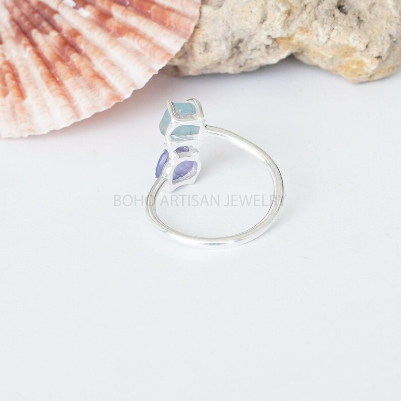 Raw Aquamarine Tanzanite Ring, Two Stone Ring, Adjustable Ring, Natural Aquamarine Ring, March Birthstone, Raw Crystal Ring, Gift for Her bild 3