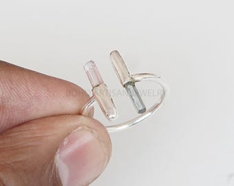 Raw Aquamarine Pink Tourmaline Ring: 925 Sterling Silver Adjustable Bar Ring