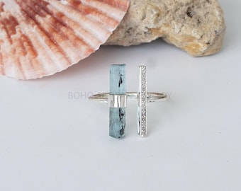 Raw Aquamarine Sterling Silver Ring: CZ Accent, Adjustable Boho Band