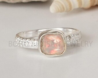 Raw Ethiopian Opal Ring: Sterling Silver Dual CZ Band, October Birthstone