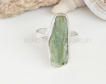 Raw Green Kyanite Ring, Natural Crystal Kyanite Ring, Raw Stone Jewelry, Healing Crystal Ring, Handmade Ring, Gemstone Ring, Gift For Women