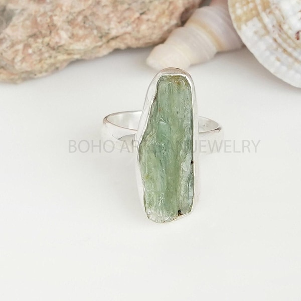 Raw Green Kyanite Ring, Natural Crystal Kyanite Ring, Raw Stone Jewelry, Healing Crystal Ring, Handmade Ring, Gemstone Ring, Gift For Women