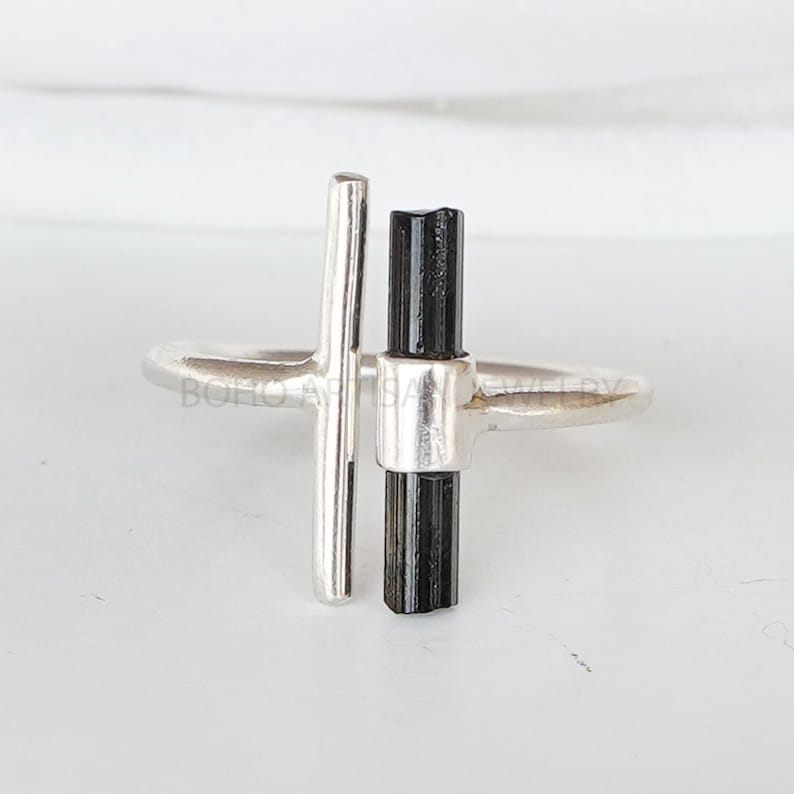 Raw Aquamarine Ring, Adjustable Aqua Silver Stick Ring, March Birthstone Jewelry, Aquamarine Stick, Silver Handmade Ring, Birthday Gift BLACK TOURMALINE