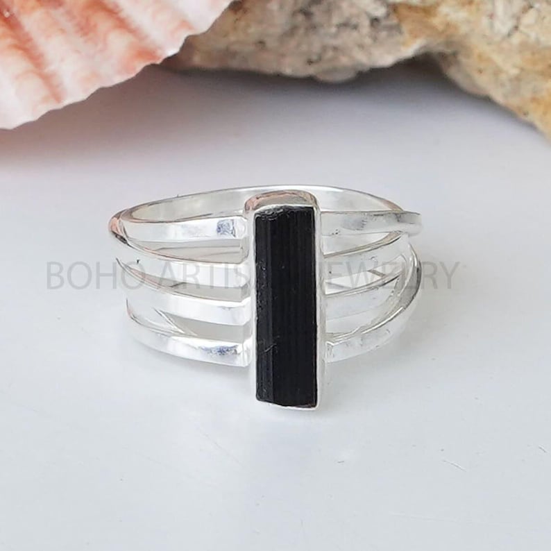 Raw Aquamarine Spiral Ring, Natural Bar Ring, Sterling Silver Jewelry, Aquamarine Ring, March Birthstone, Crystal Ring, Gift For Women BLACK TOURMALINE