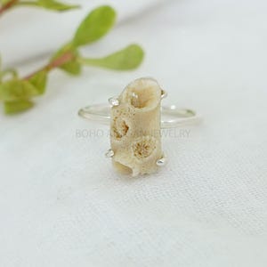 Raw White Coral Ring, Natural White Fossil Coral Jewelry, Uncut Gemstone, Rough Stone, White Gemstone, April Birthstone, Gift For Her