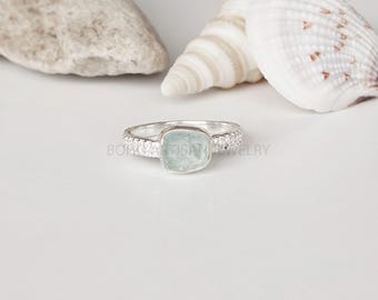 Raw Aquamarine Ring: Sterling Silver Dual CZ Band, March Birthstone