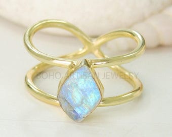 14K Gold Plated Raw Moonstone Ring: Sterling Silver Boho Jewelry