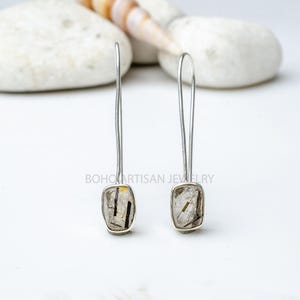 Raw Aquamarine Gold Earring, 14K Gold Earring, Dangle Earring, Blue Gemstone Earring, Raw Stone Jewelry, July Birthstone, Christmas Gift Black Rutile