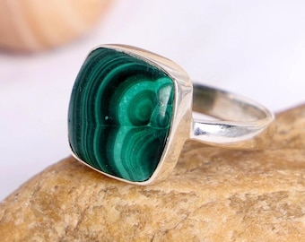 Raw Malachite Ring: 925 Sterling Silver, Handmade Boho Jewelry