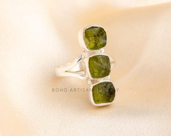 Raw Peridot Ring: Three Stone Sterling Silver Boho Jewelry