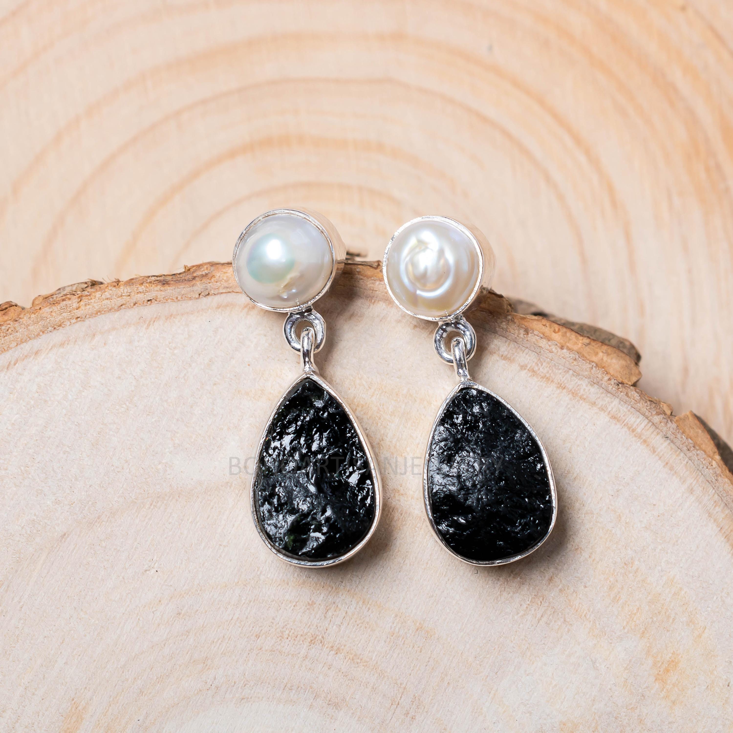 Boucles D'oreilles Vintage En Argent Avec Tourmaline Noire - Style Pendantes