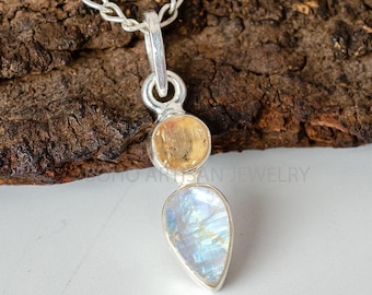 Ruwe maansteen-citrienhanger: sterlingzilver, twee stenen sieraden