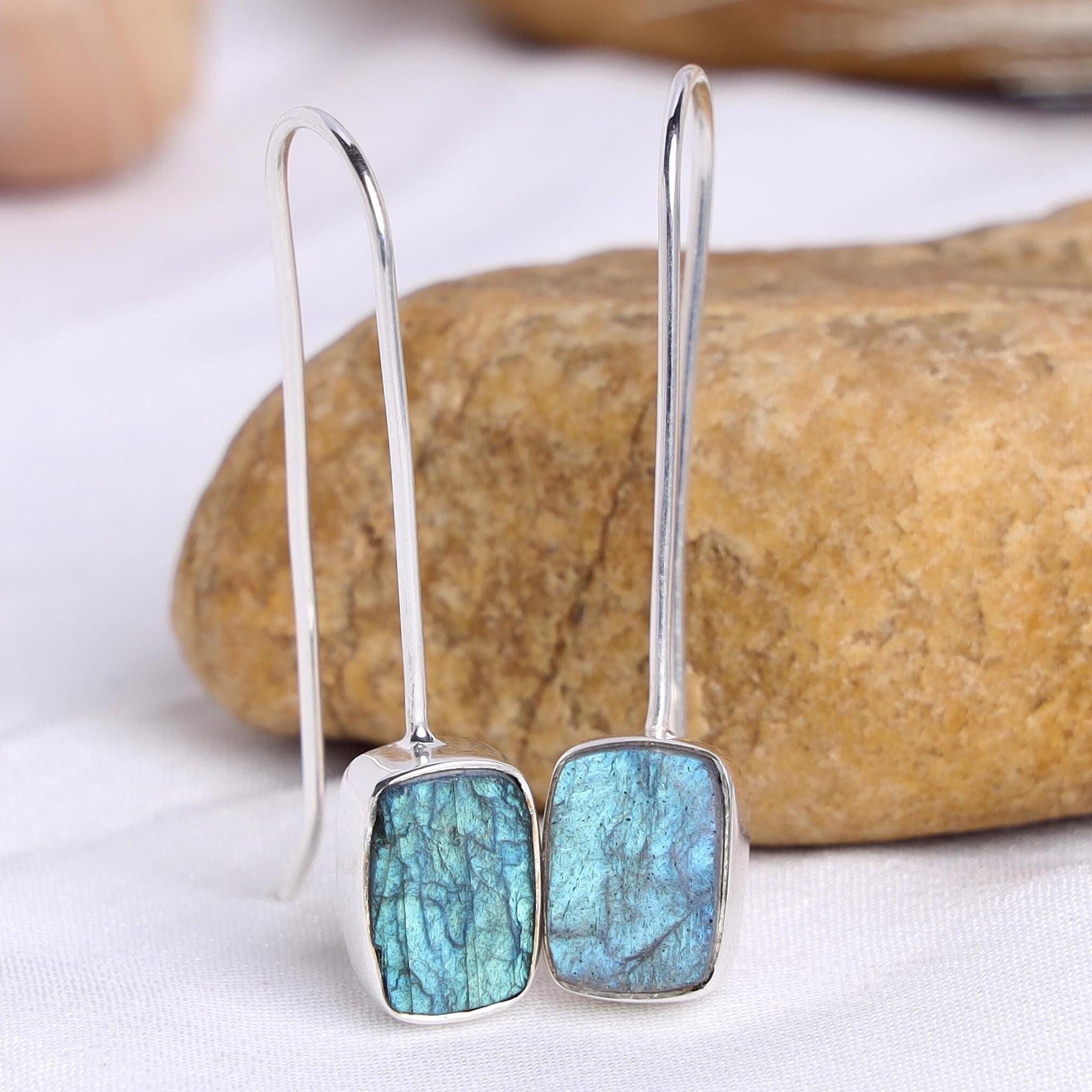 Orecchini pendenti in labradorite fatti a mano: pietra preziosa sfaccettata, argento sterling 925 - Italia