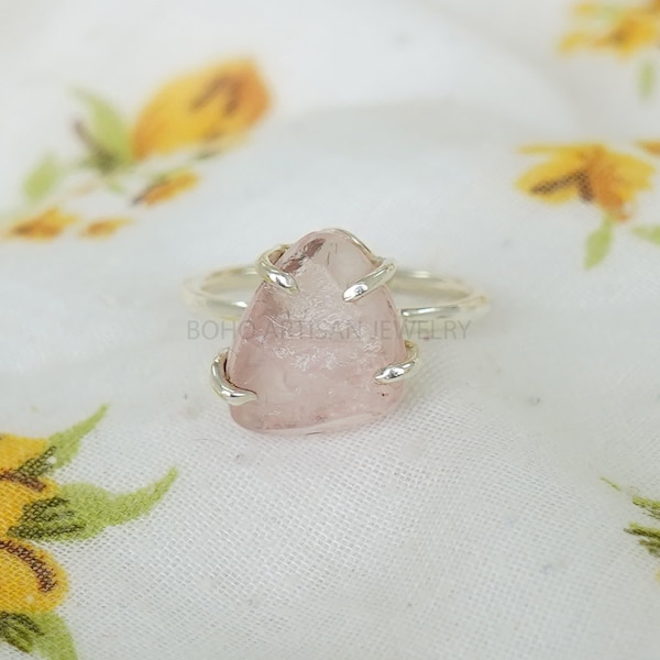 Raw Rose Quartz Ring, Natural Pink Quartz Ring, Silver Handmade Ring, Boho Ring, Healing Crystal Ring, Rough Stone Ring - Gift For Her
